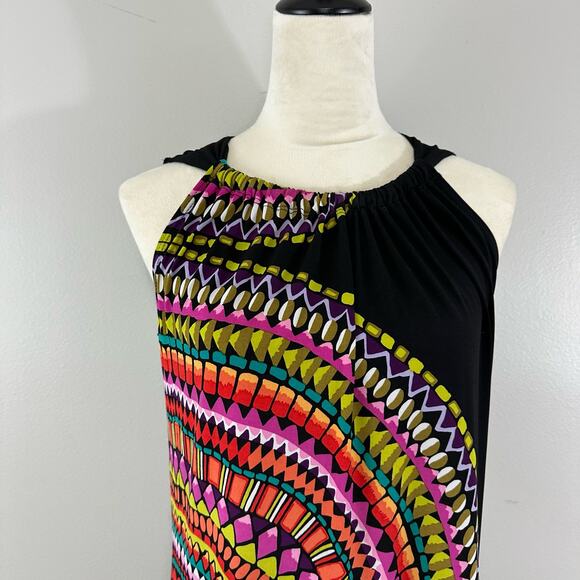 Tiana B Black Colorful Mosaic Sunset Print Ruffle Hem Sleeveless Dress Sz S - Picture 4 of 8